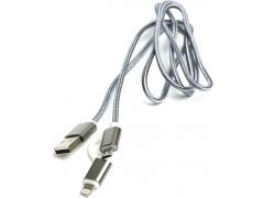 PowerPlant Quick Charge 2A 2-в-1 cotton USB 2.0 AM – Lightning/Micro 1м grey (KD00AS1289)