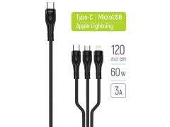 COLORWAY Type-C - 3в1 (Lightning+MicroUSB+Type-C) 3.0A (PD60W data) 1.2м чорний | Фото 1
