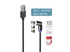 COLORWAY USB - 3в1 (Lightning + MicroUSB + Type-C) Magnetic Rotation 540 ° 2.4а 1м чорний | Фото 1