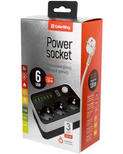 COLORWAY 3 розетки/6USB Black 1.8M