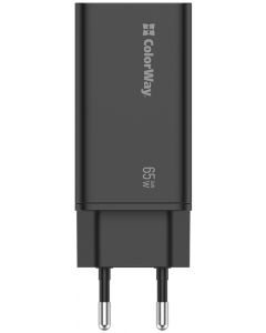 Мережевий зарядний пристрій ColorWay GaN3 Pro Power Delivery (USB-A+2 USB TYPE-C) (65W) чорний